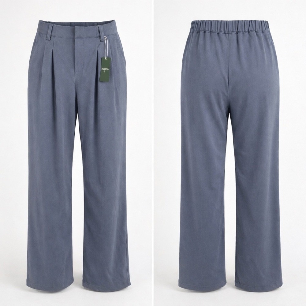 NWT Halara High Waisted Pleated Wide Leg Waffle Knit Trousers slate blue SM/Tall